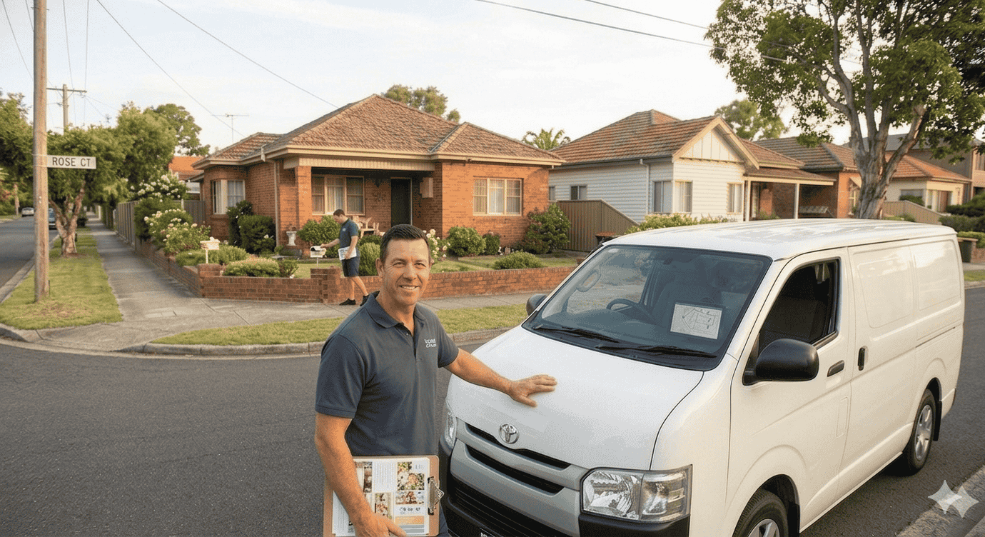 Professional distribution team with fleet van in a suburban NSW neighborhood