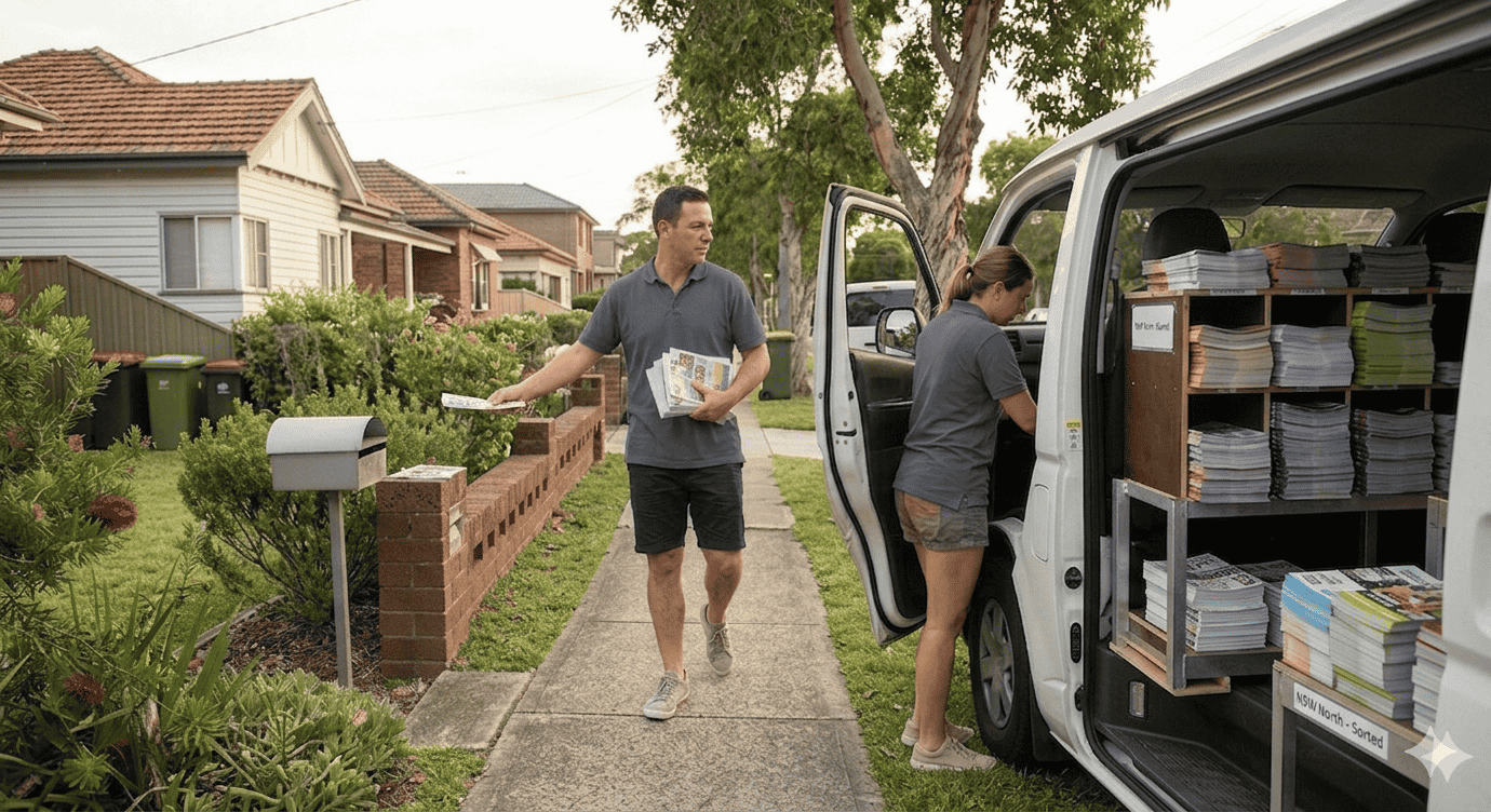 Distribution team delivering letterbox materials with an organized fleet van